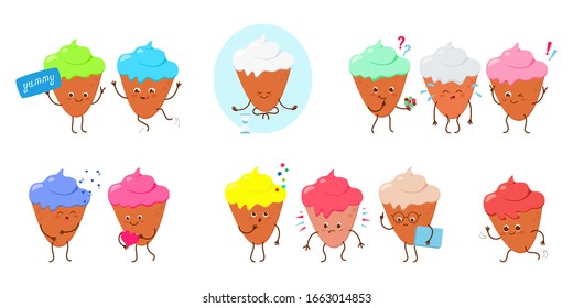 Helado, producto natural. Conjunto de personajes bonitos y atractivos. Caricatura. Ilustración vectorial. Para embalaje, folletos, publicidad, diseño.