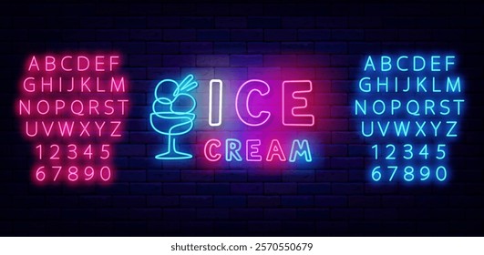 Ice cream neon advertising. Sweet desserts. Shopping offer. Bright pink and blue font. Vector stock illustration