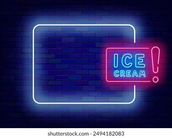 Ice cream neon banner with exclamation mark. Empty white frame and typography. Vector stock illustration