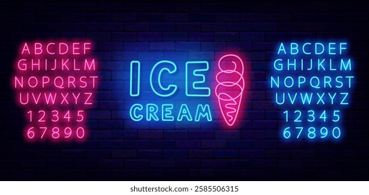 Ice cream neon label with cone. Sweet dessert cafe. Shopping offer. Shiny pink and blue font. Vector stock illustration
