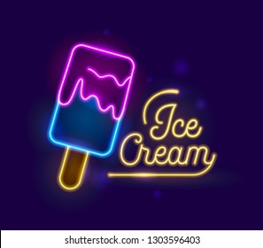 Ice Cream Neon Light Effect Retro Typography Banner Design. Icecream Dessert Night Electric Glowing City Sign. Fruit Sundae On Stick Food For Bar Advertising Poster Flat Cartoon Vector Illustration