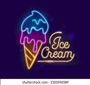 Ice Cream Neon Light Retro Typography Banner Design. Icecream Dessert Night Illuminated Glowing Sign. Fruit Sundae in Cone Food Element for Summer Advertising Poster Flat Cartoon Vector Illustration