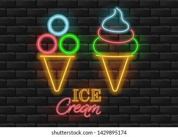 Ice cream neon light, summer, ice cream set, brick background vector illustration