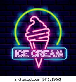 Ice cream neon lights advertising on bricks wall background vector editable illustration