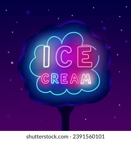 Ice cream neon outdoor advertising. Sweet desserts cafe. Shopping offer. Cloud frame. Street billboard. Shiny simple banner. Glowing retail flyer. Luminous candy design. Vector stock illustration