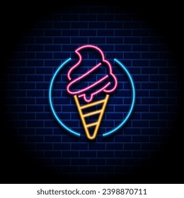 Ice cream neon sign board. Ice cream in neon light style on wall brick vector illustration