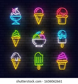 Ice Cream neon sign, bright signboard, light banner. Ice Cream icon neon set. Vector illustration