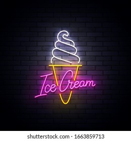 Ice Cream neon sign, bright signboard, light banner. Ice Cream logo neon, emblem and label. Vector illustration