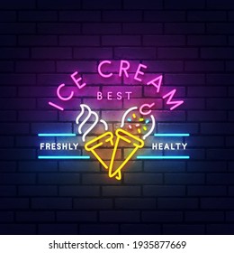 Ice cream neon sign, bright signboard, light banner. Ice cream logo neon, emblem. Vector illustration