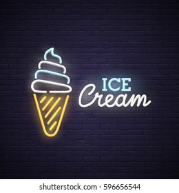 Ice cream neon sign, bright signboard, light banner.