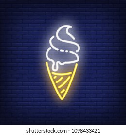 Ice cream neon sign. Dessert in waffle cone on brick wall background. Night bright advertisement. Vector illustration in neon style for cafe or candy shop