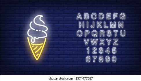 Ice cream neon sign. Dessert in waffle cone on brick wall background. Night bright advertisement. Vector illustration in neon style for cafe or candy shop