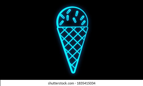 Ice cream neon sign. Dessert in waffle cone on brick wall background. Night bright advertisement. Vector illustration in neon style for cafe or candy shop.