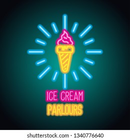 Ice cream neon sign for ice cream signboard plank. vector illustration