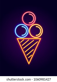 Ice cream neon signboard, poster with product famous among children, delicious food, with sweet flavours, vector illustration, isolated on purple