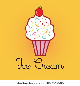 Ice cream with nuts with the word ice cream isolated on an orange background