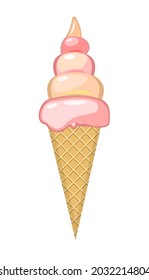 Helado. El objeto está aislado en un fondo blanco. Postre dulce de comida de verano. Cono de gofre. Diseño plano. Vector