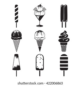 Ice Cream Objects Icons Set, Monochrome, Summer, Frozen Food, Eating, Icy