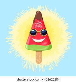 Ice cream on the background of sunlight, Hello summer.Popsicle in the shape of a watermelon with the sunglasses, the concept of summer poster. Vector web design or illustration for print