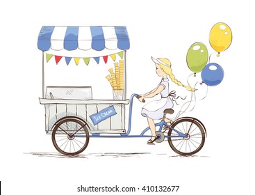 Ice cream on bicycle./ Vector illustration on the theme of street food.