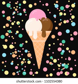 Ice cream on a black background with colorful confetti. Cartoon icecream cone  in flat style. Concept of desserts. Summer vector illustration. Italian Gelato. Easy to edit design template.
