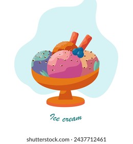 Ice cream on a blue background. Banner background. Cartoon vector illustration. 