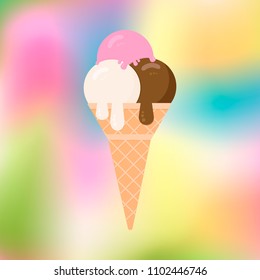 Ice cream on a blurred colorful background. Cartoon icecream cone  in flat style. Concept of desserts. Summer vector illustration. Italian Gelato. Easy to edit design template.