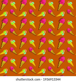 Ice cream on brown background, texture for design, seamless pattern, vector illustration