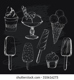 Ice cream on chalkboard. Set of graphic hand drawn illustrations