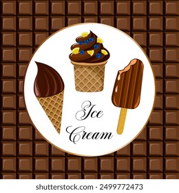 Ice cream on chocolate background.Vector illustration with ice cream and text on chocolate background.