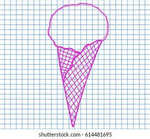 Ice cream on copybook background. Free hand drawn. Vector illustration.