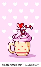 Ice cream on the cup with valentine candy's cartoon illustration