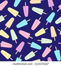 Ice cream on the dark background. Seamless vector pattern with ice cream in pastel colors.