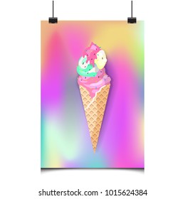 Ice cream on holographic background in flat style design. Fashion trendy background with ice cream, minimalism concept. Ice cream vector illustration for a poster, cards, background.