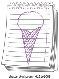 Ice cream on notebook background. Free hand drawn. Vector illustration.