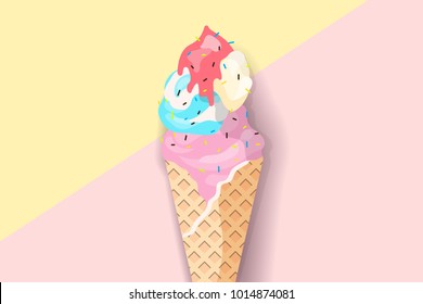 Ice cream on pastel background in flat style design. Fashion trendy background with ice cream, minimalism concept. Ice cream vector illustration for a poster, cards, background.