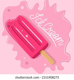 Crema de hielo en un fondo rosado y nombre. Cartel para las redes sociales, para una pancarta publicitaria del boceto de helados en un palo o tienda