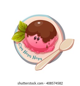 Ice cream on the plate with spoon. Vector illustration.
