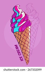 Ice Cream on purple background with circle in center. Ice cream icon. Vector illustration of classic ice cream in waffle Cone. Can be used for greeting cards, birthday and kids party or menu.