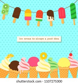 Ice cream on rope and border in craft style. Tasty bright icecream stick and cones summer on retro background for package design, promotion flyer Vector card illustration in papercutting art style.