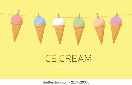 Ice cream on rope and border in craft style. Tasty bright icecream stick and cones summer on retro background for package design, promotion flyer Vector card illustration in papercutting art style.