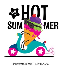 Ice cream on scooter in vector illustration, print