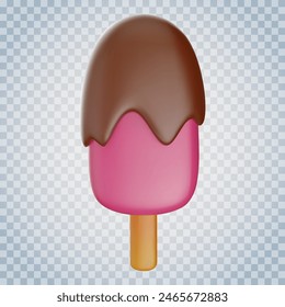 Ice cream on stick in 3d cartoon style. Cute realistic render element isolated on transparent background. Soft child toy. Bright vector illustration.