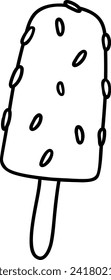 Ice cream on a stick. A black and white sketch on a transparent background. Vector illustration.Sweet food. Perfect for various designs, postcards, decorations, logos, menus.