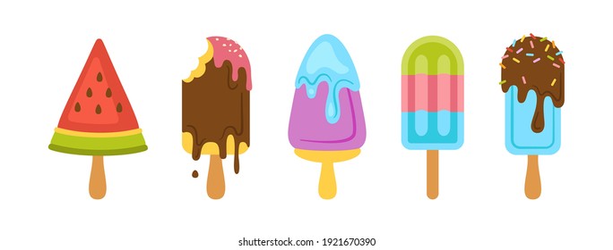 Ice Cream on stick cartoon set. Watermelon, chocolate ice cream lolly melts and drips. Kawaii bright cute summer collection sweet food. Isolated cute dessert vector illustration