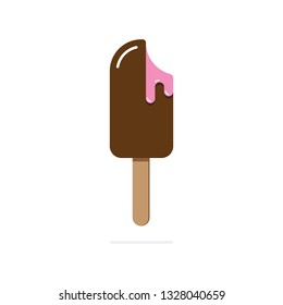 Ice cream on stick chocolate icing pink stuffing bitten vector illustration cartoon style white background