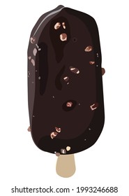 Ice cream on a stick, chocolate with crushed nuts Summer refreshing dessert. Vector stock illustration isolated on white background.