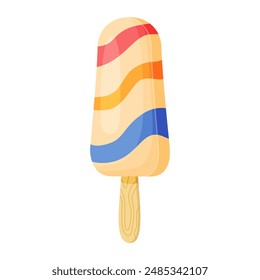 Ice cream on stick. Colorful cold summer dessert with wavy stripes. Frozen juice on wooden stick, fruity popsicle. Hand drawn flat style isolated, cheerful and summery appearance. Vector illustration