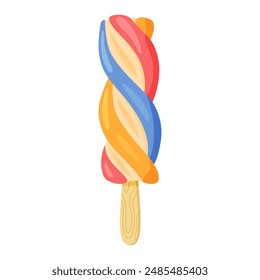 Ice cream on stick. Colorful cold summer dessert with wavy stripes. Frozen juice on wooden stick, fruity popsicle. Hand drawn flat style isolated, cheerful and summery appearance. Vector illustration