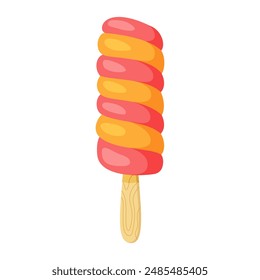 Ice cream on stick. Colorful cold summer dessert with wavy stripes. Frozen juice on wooden stick, fruity popsicle. Hand drawn flat style isolated, cheerful and summery appearance. Vector illustration